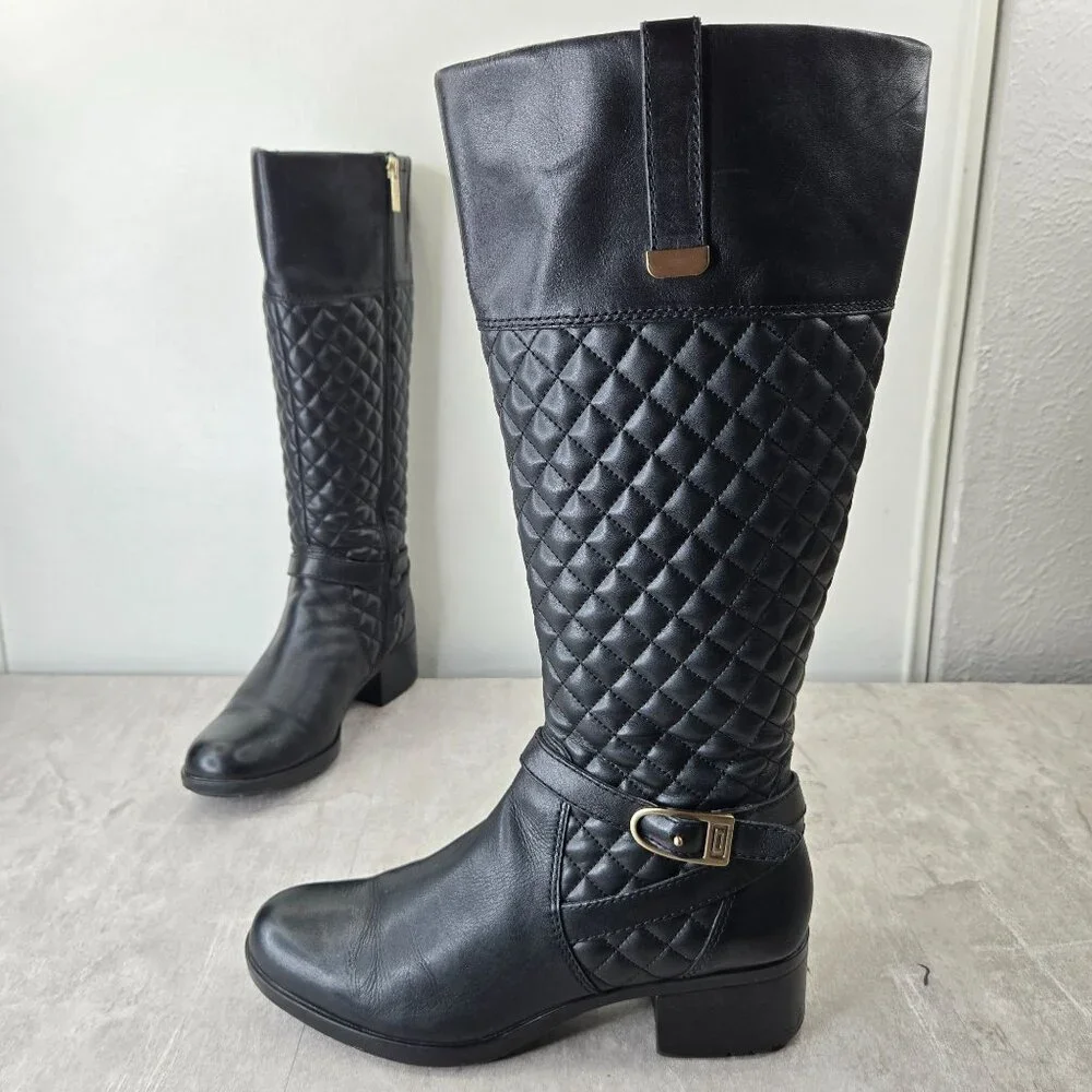 Knee High Equestrian Boots 9.5‎ Black Leather Quilted Tall Buckle Western Riding